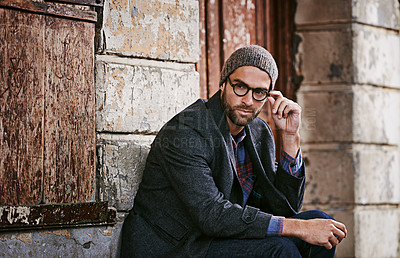 Buy stock photo Thinking, fashion and man outdoor, winter and relax with trendy clothes, eyewear and thoughtful. Male person, model or guy with glasses, wonder or ideas with stylish outfit, relax or ponder in a city