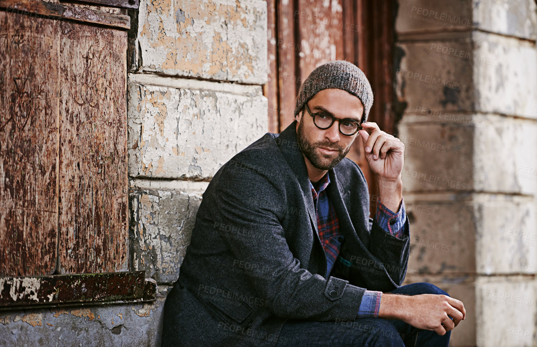 Buy stock photo Thinking, fashion and man outdoor, winter and relax with trendy clothes, eyewear and thoughtful. Male person, model or guy with glasses, wonder or ideas with stylish outfit, relax or ponder in a city