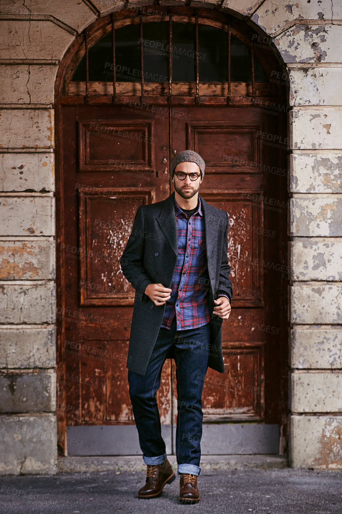 Buy stock photo Fashion, glasses and portrait of man in city for vacation or holiday travel with stylish winter outfit. Spectacles, elegant and person with classy, trendy and fancy style in town for weekend trip.