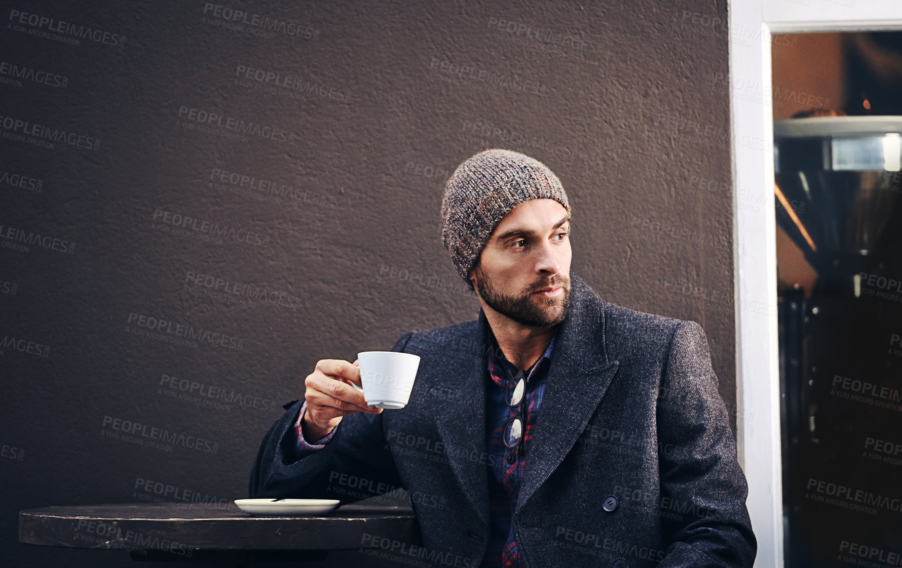 Buy stock photo Thinking, cafe or man drinking coffee in city at table for breakfast with mockup space in the morning. Dream, tea cup or serious person with espresso, latte or plan future at shop with winter fashion