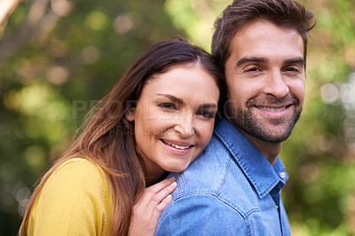 Buy stock photo Portrait, hug and couple with love, outdoor and marriage with relationship and bonding together. Face, park and embrace with man and woman with nature and vacation with joy, date and weekend break