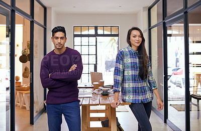 Buy stock photo People, portrait and designer with confidence for teamwork, fashion or creative startup together at the office. Man and woman or colleagues in pride for professional career or job at the workplace