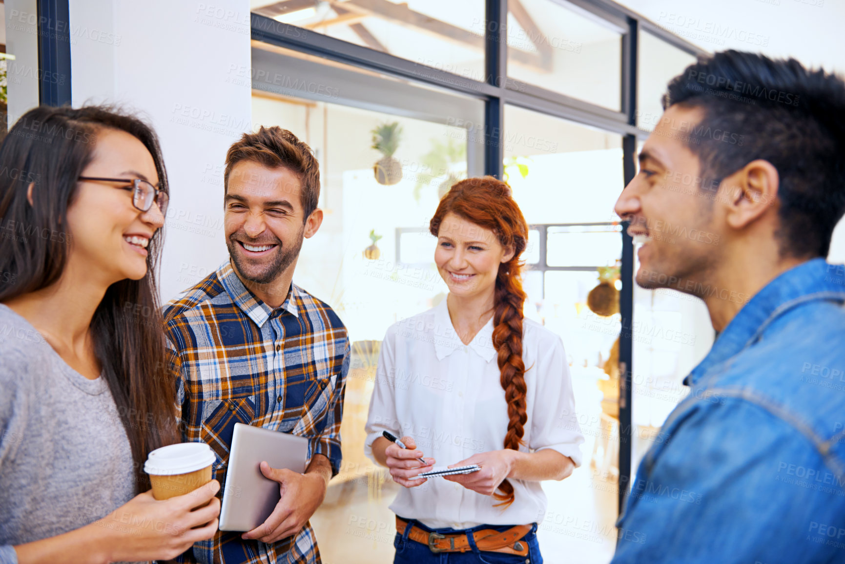 Buy stock photo Break, laughing or designers in startup office for teamwork or collaboration with coffee in creative company. Relax, happy colleagues or funny people in a business with diversity on project or job