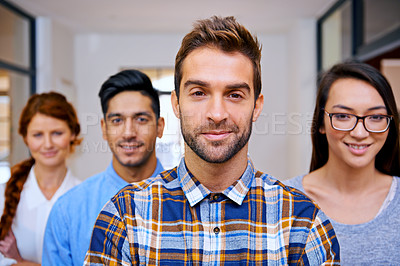 Buy stock photo Portrait, leadership and group of business people at creative startup with confidence, support or solidarity. Community, professional men and women together in design office for team, pride and smile