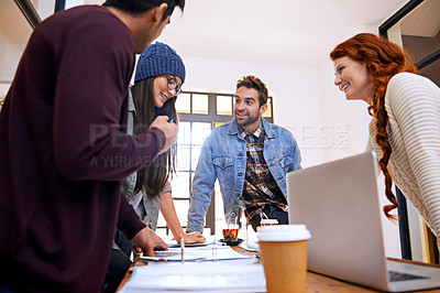 Buy stock photo Team, work and laptop for meeting in office, workspace or conference room for brainstorming in creative career. Job, planning and partnership with collaboration, computer or tech for discussion
