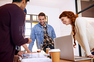 Buy stock photo Portfolio, planning or designers in startup for teamwork or collaboration with paperwork in creative company. Discussion, laptop or group of happy people in a meeting with diversity on project job