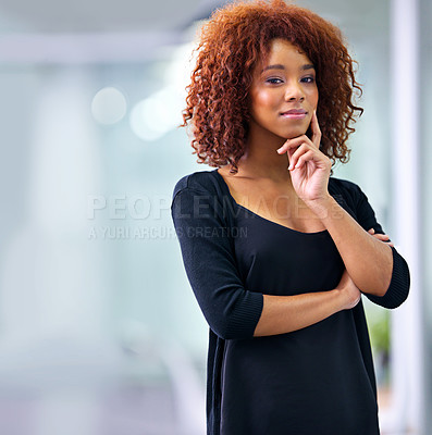 Buy stock photo Portrait, thinking and business woman in office at startup company for career and bokeh in South Africa. Face, confidence and idea of creative professional, employee and designer with mockup space