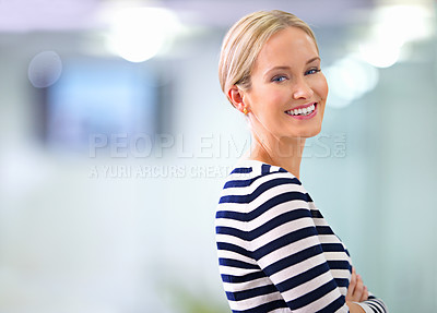 Buy stock photo Portrait, confidence and happy business woman in office at startup company in Australia with bokeh or mockup space. Face, arms crossed and smile of creative professional, employee and proud editor