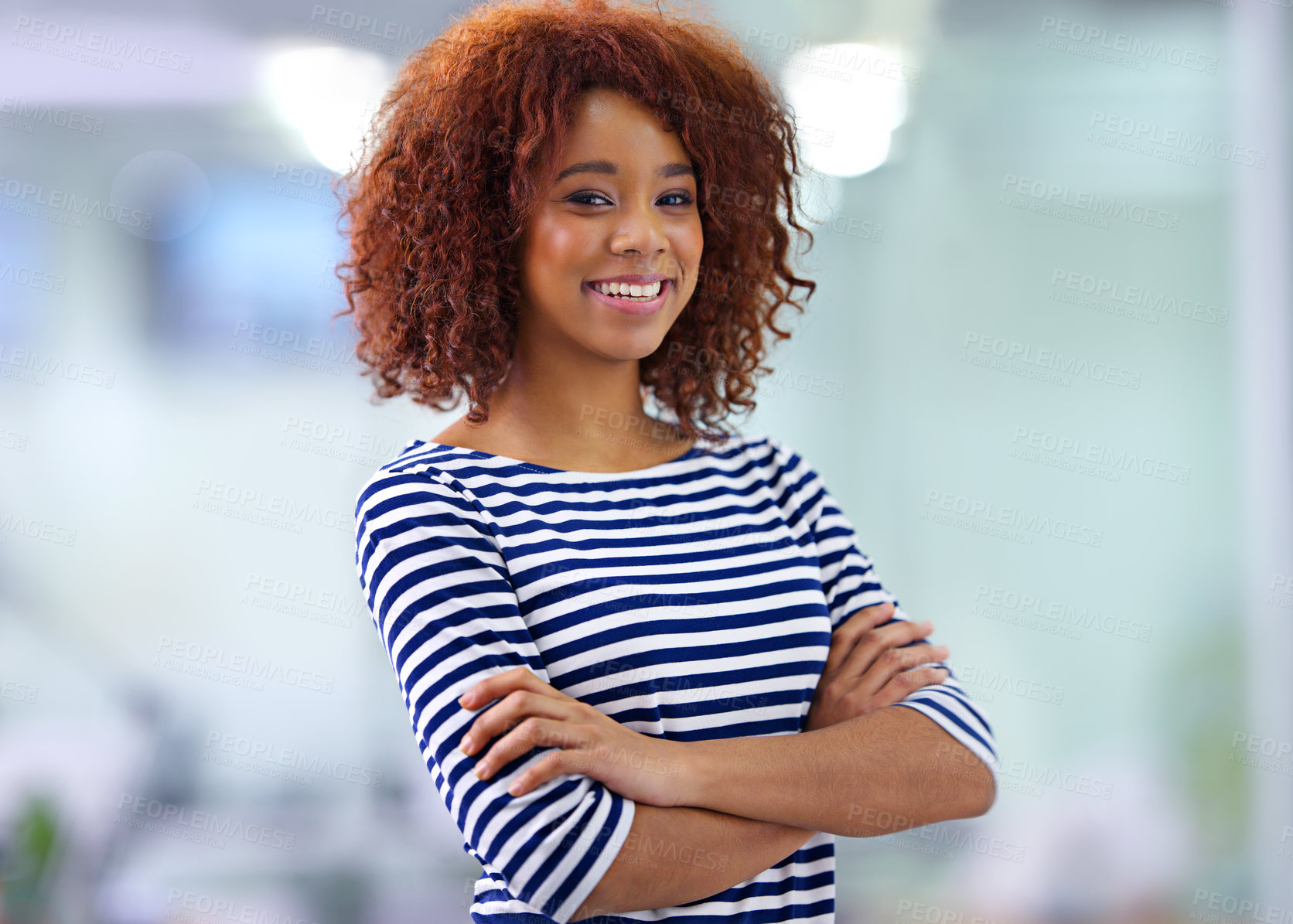 Buy stock photo Portrait, confidence and smile of business woman in office at startup company in South Africa with bokeh or mockup space. Face, arms crossed and happy creative professional, employee and designer