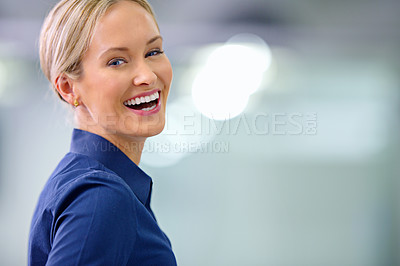 Buy stock photo Portrait, smile and creative business woman at startup office for career or job of female person laughing in Australia with bokeh. Face, happy professional and employee or designer on mockup space