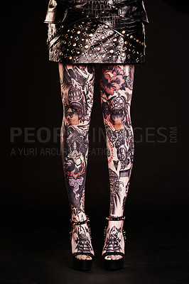 Buy stock photo Fashion, legs and closeup of woman shoes in studio with tattoo gothic, emo or artistic expression on black background. Feet, art or female model pose for punk, grunge or rock and roll aesthetic