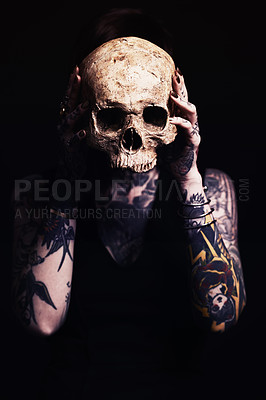 Buy stock photo Skull, tattoo and woman in studio for dark art, abstract horror or scary aesthetic with bone mask. Creative nightmare, halloween culture and unique person in surreal portrait on black background