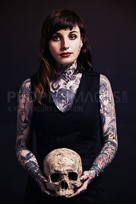 Buy stock photo Skull, tattoo or portrait of woman in studio for fashion isolated on black background for edgy style. Bones, hope or cool female punk model with ink for unique art, aesthetic or creative expression 