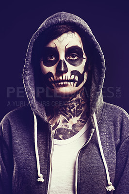 Buy stock photo Skeleton, makeup and portrait of woman on dark background for festival, Halloween and day of the dead. Skull, costume and person with face paint for horror, scary and gothic aesthetic in studio