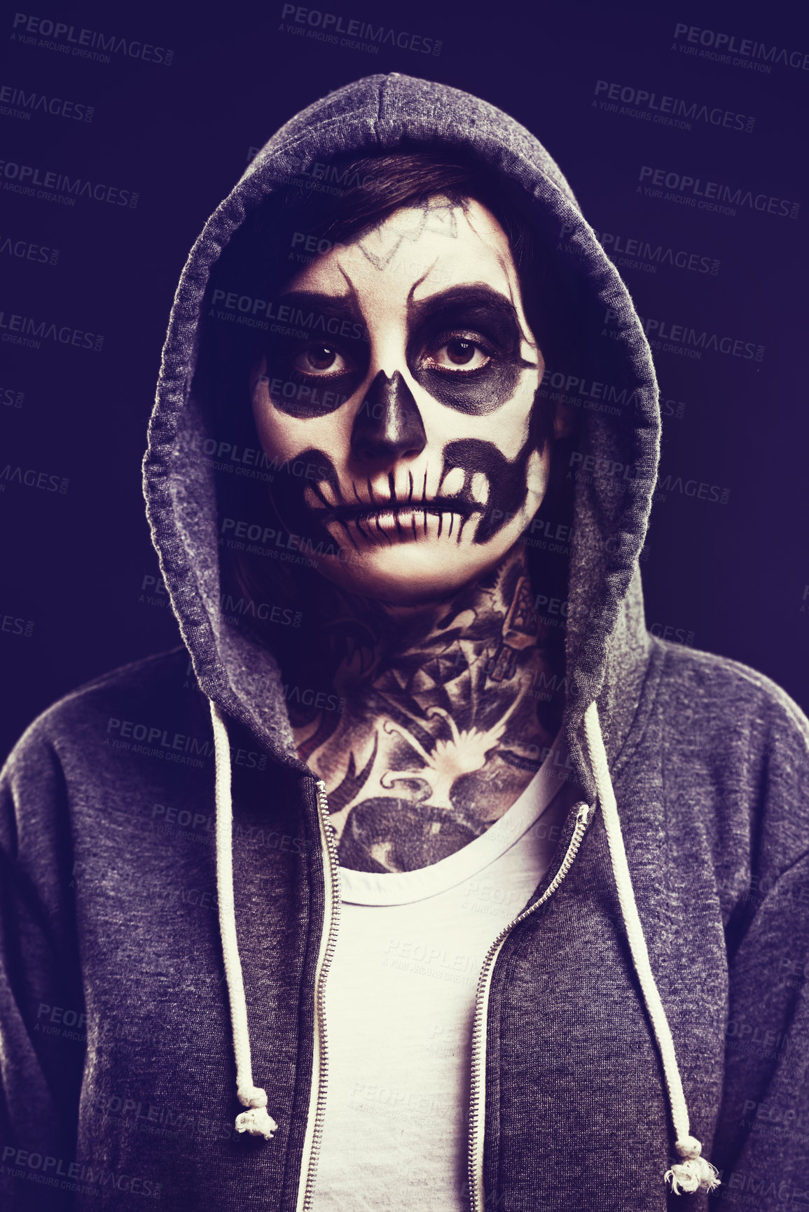 Buy stock photo Skeleton, makeup and portrait of woman on dark background for festival, Halloween and day of the dead. Skull, costume and person with face paint for horror, scary and gothic aesthetic in studio