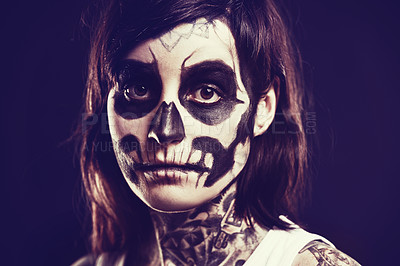 Buy stock photo Skull, makeup and portrait of woman on black background for festival, Halloween and day of the dead. Creative art, skeleton and person with face paint for horror, scary and gothic aesthetic in studio