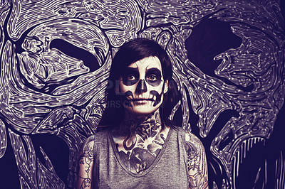 Buy stock photo Skull, makeup and portrait of woman with pattern for festival, Halloween and day of the dead. Creative, costume and person with face paint for horror, scary and gothic aesthetic in studio background