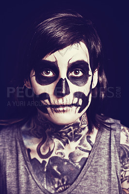 Buy stock photo Skull, cosmetics and portrait of woman on dark background for festival, Halloween and day of the dead. Makeup, costume and person with face paint for horror, scary and gothic aesthetic in studio