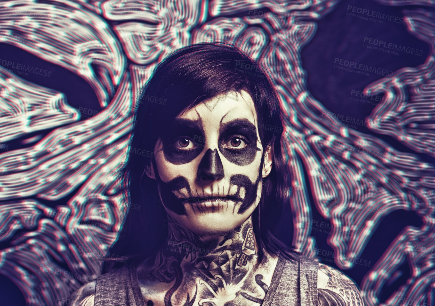 Buy stock photo Skull, makeup and portrait of woman with decoration for festival, Halloween and day of the dead. Creative, costume and person with face paint for horror, scary and gothic style in studio background