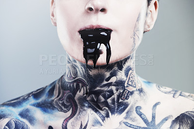 Buy stock photo Person, ink and drip for mouth with tattoo for creative, body and design in studio, pattern and horror. Art, bold and punk for symbol on skin for paint, liquid and unique for nightmare and scary
