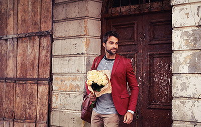 Buy stock photo Flowers, man and outdoor with a smile and ready for a date with gift and bouquet of roses. City, present and town with male person with confidence and thinking about love and happy with floral plant