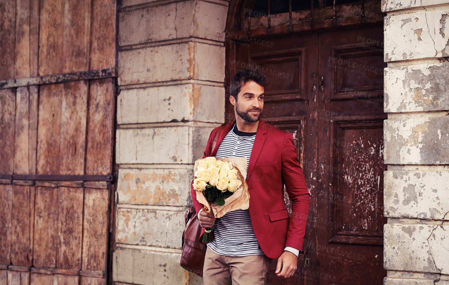 Buy stock photo Flowers, man and outdoor with a smile and ready for a date with gift and bouquet of roses. City, present and town with male person with confidence and thinking about love and happy with floral plant