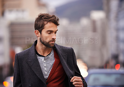 Buy stock photo City, downtown and man with thinking outdoors for travel, vacation or tourism destination in New York. Male person, road and serious with adventure for winter holiday, planning or idea for adventure
