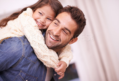 Buy stock photo Happy, hug and piggyback for child from dad in home on holiday or relax with family on vacation. Father, love and support girl on back for funny game, bonding and playing together on weekend