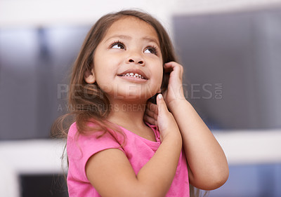 Buy stock photo Home, thinking and face of girl with ideas for question, solution and wondering with doubt alone. Knowledge, planning or happy child in concentration to daydream or imagine or learning in a house
