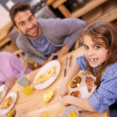 Buy stock photo Portrait, girl and breakfast in kitchen in home with family, eating and bonding together at table. Food, pancakes and father and child with meal for brunch nutrition or communication in house