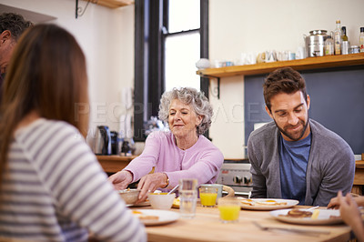 Buy stock photo Breakfast, family home and grandparents with kitchen table, nutrition and smile with love and weekend break. Apartment, food and senior people eating meal together with conversation, joy and wellness