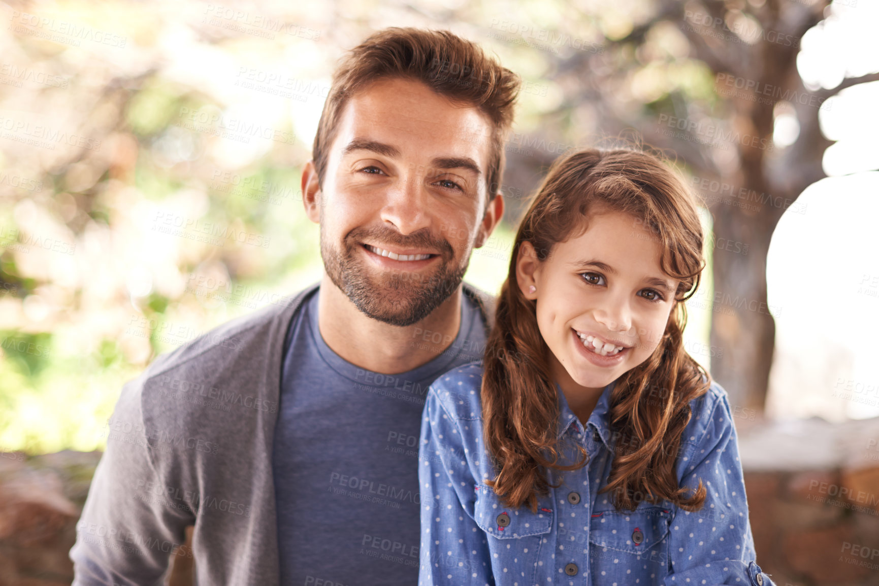 Buy stock photo Outdoor, father and daughter with smile, portrait and nature for fresh air with background of tree. Summer, dad and girl with happiness in park or garden for bonding, love and parent with child