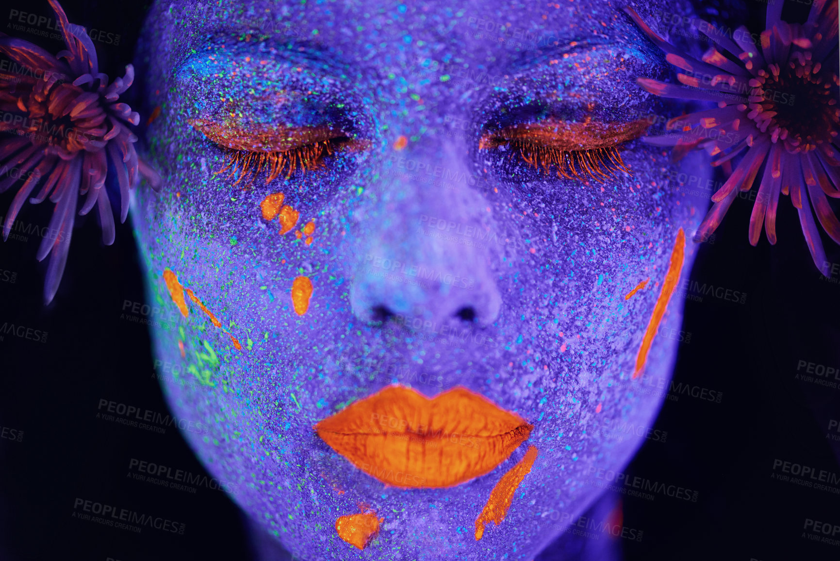 Buy stock photo Creative, face and woman with neon paint in studio for art freedom, fantasy or colorful aesthetic. Creativity, artistic and closeup of female model with facial psychedelic makeup by black background.