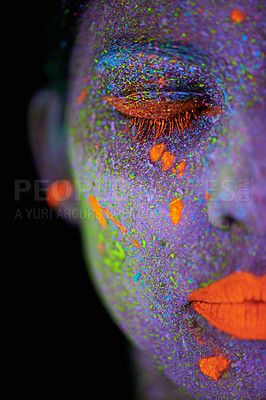 Buy stock photo Face, neon and makeup closeup for creative, art and glitter with unique surreal glow. Person, science fiction and color with dream, rave and abstract uv illusion for mystical fluorescent trance