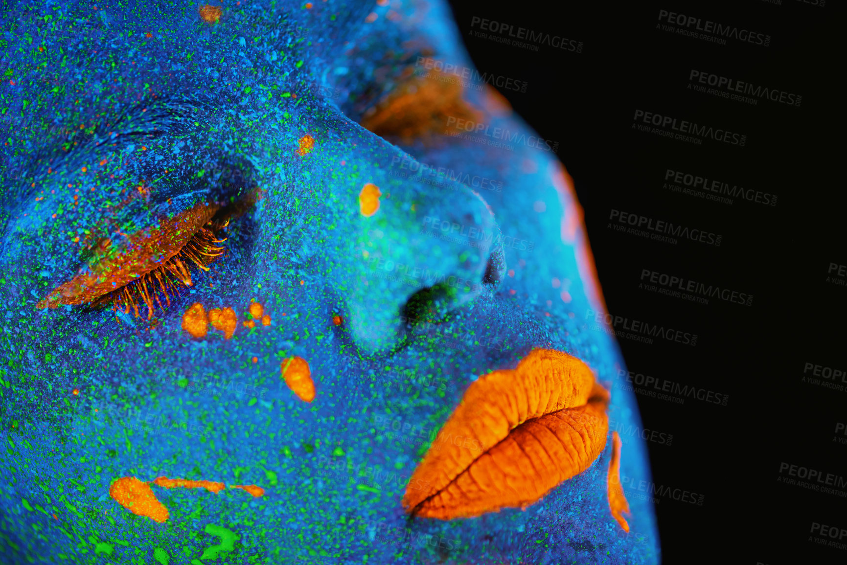 Buy stock photo Neon paint, makeup and woman face closeup with dark background and creative cosmetics. Surreal glow, fantasy and psychedelic cosmetic of a female model with unique and creativity art in studio