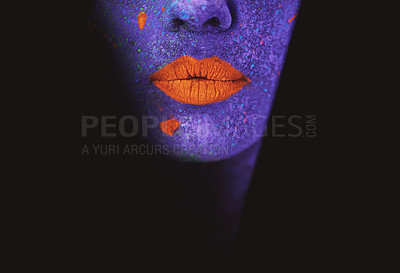 Buy stock photo Lips, neon and surreal paint for creative, art and glitter for unique psychedelic glow. Face, woman or color for light abstract, whimsical and vivid uv illusion for mystical fluorescent trance