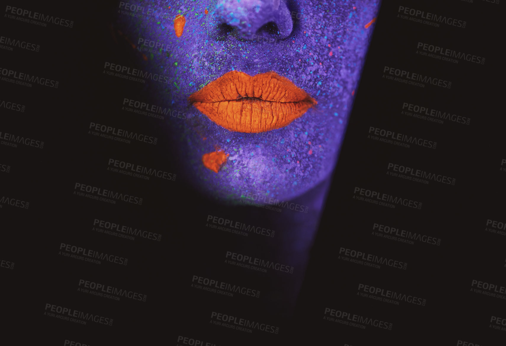 Buy stock photo Lips, neon and surreal paint for creative, art and glitter for unique psychedelic glow. Face, woman or color for light abstract, whimsical and vivid uv illusion for mystical fluorescent trance