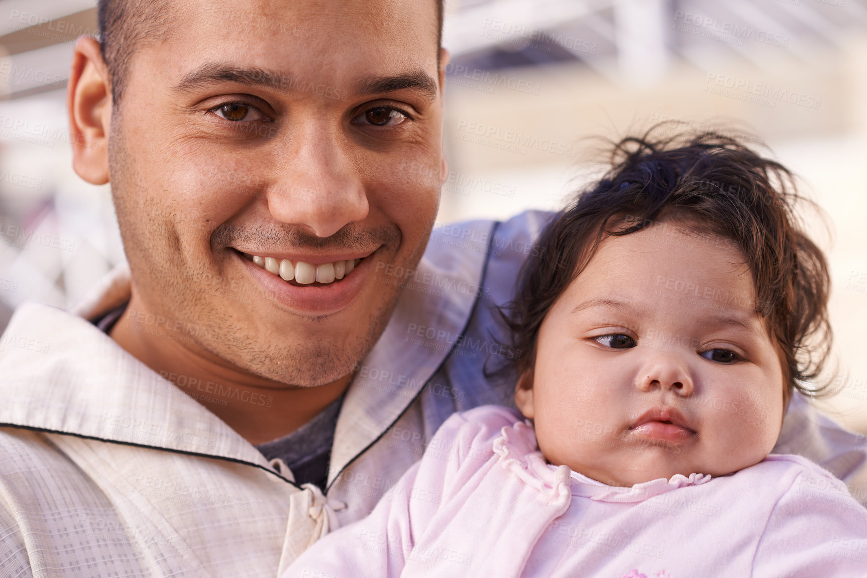 Buy stock photo Dad, infant and portrait with backyard, happy and care for child, development and parenthood. Male person, newborn and outdoors for growth, love and support with bonding, positivity and smile at home