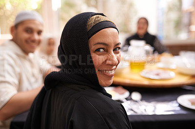 Buy stock photo Muslim woman, portrait and family at home with dinner, celebration and Ramadan at the dining table. Islamic people, culture and religion with food, drinks and Iftar for breaking fast at sunset