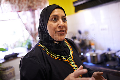 Buy stock photo Muslim woman, happy and kitchen for family dinner and islam religion of halal cooking. Arabic, female and ideas with instruction on preparation of food, ramadan and traditional role in home in hijab