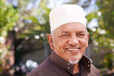 Buy stock photo Happy, portrait and muslim man outdoor with a smile in garden to relax on holiday in retirement. Arab, person and travel on vacation in summer to park or enjoy nature, trees or backyard environment