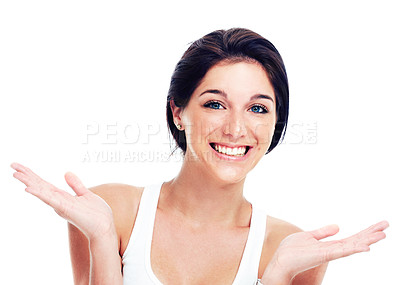 Buy stock photo Woman, presentation hands and smile portrait studio advertising sale mockup space, logo or promo. Female model person, happy or gesture branding question information showing, teaching or marketing

