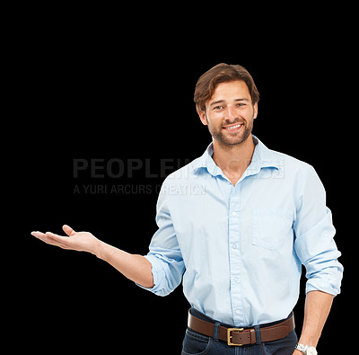 Buy stock photo Mockup gesture, studio portrait and happy man with sales promotion, luxury present gift or discount deal mock up. Marketing space, product placement or advertising model isolated on black background