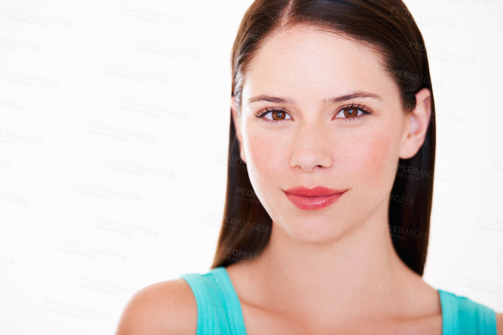 Buy stock photo Happy, beauty and portrait of woman on a white background with confidence, cosmetics and pride. Health, skincare and face of isolated person with positive attitude, attractive and joy in studio