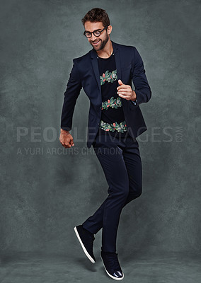 Buy stock photo male model, eyewear and fashion portrait in studio for mockup space, style and Brazilian man. Confident, trendy garments and isolated on grey background for apparel, glasses and casual outfits.