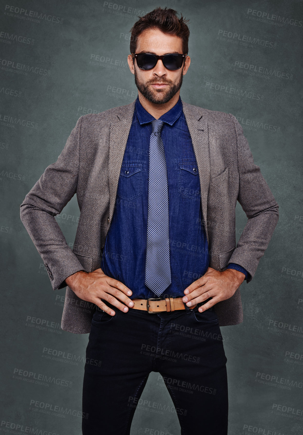 Buy stock photo Suit, fashion and portrait of man with sunglasses and confidence in studio, background and mockup. Cool, style and model with pride for professional outfit or person with luxury designer clothes