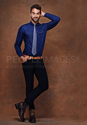 Buy stock photo Fashion, smile and portrait of businessman, studio and business clothing isolated on background. Confident, pose and corporate employee for happy male model, professional and formal and trendy outfit