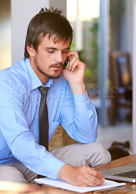 Buy stock photo Cellphone, businessman on call and paperwork or document of schedule. Communication or consulting, man multitasking holding pen and smartphone taking notes of corporate information at office