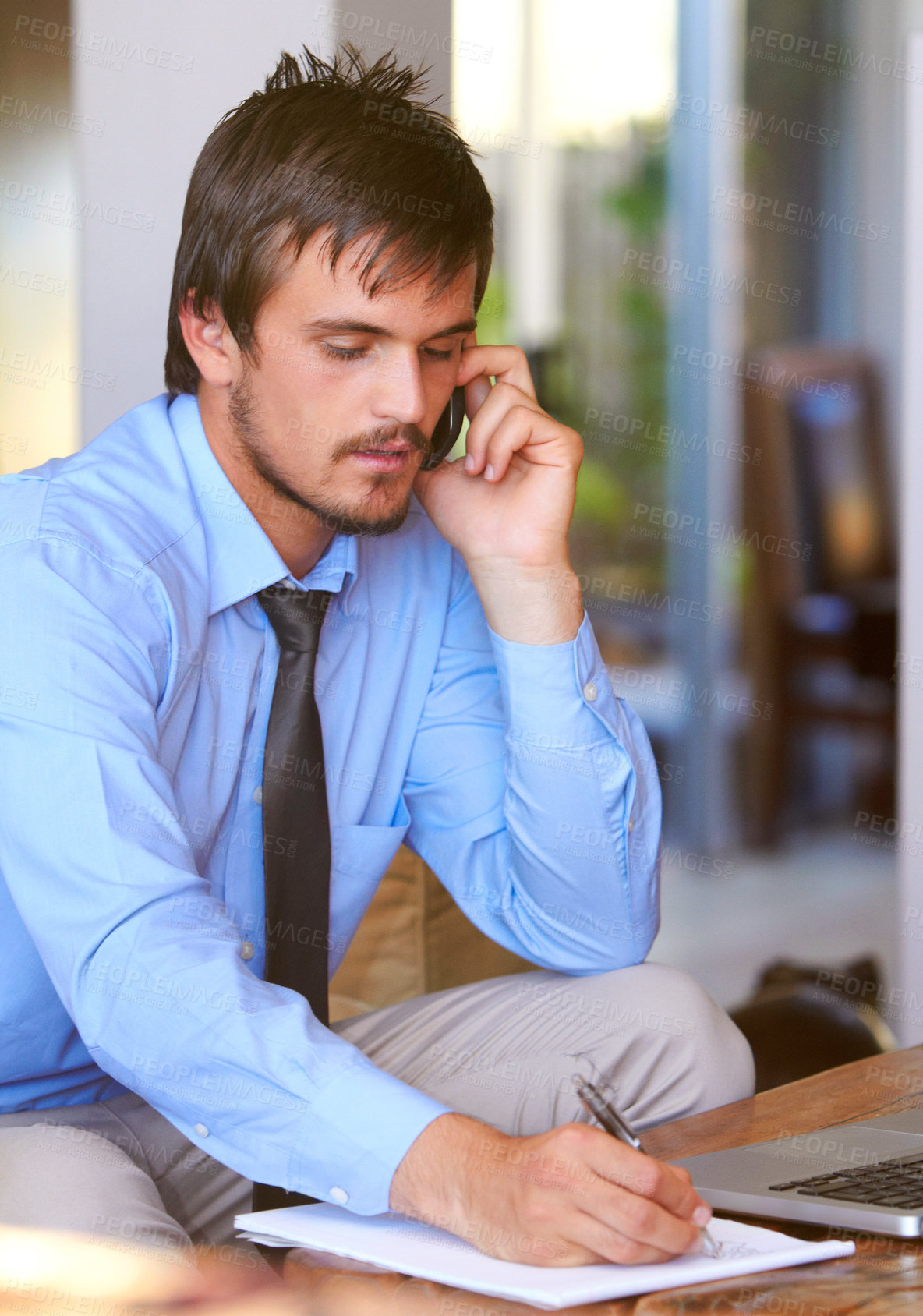 Buy stock photo Cellphone, businessman on call and paperwork or document of schedule. Communication or consulting, man multitasking holding pen and smartphone taking notes of corporate information at office