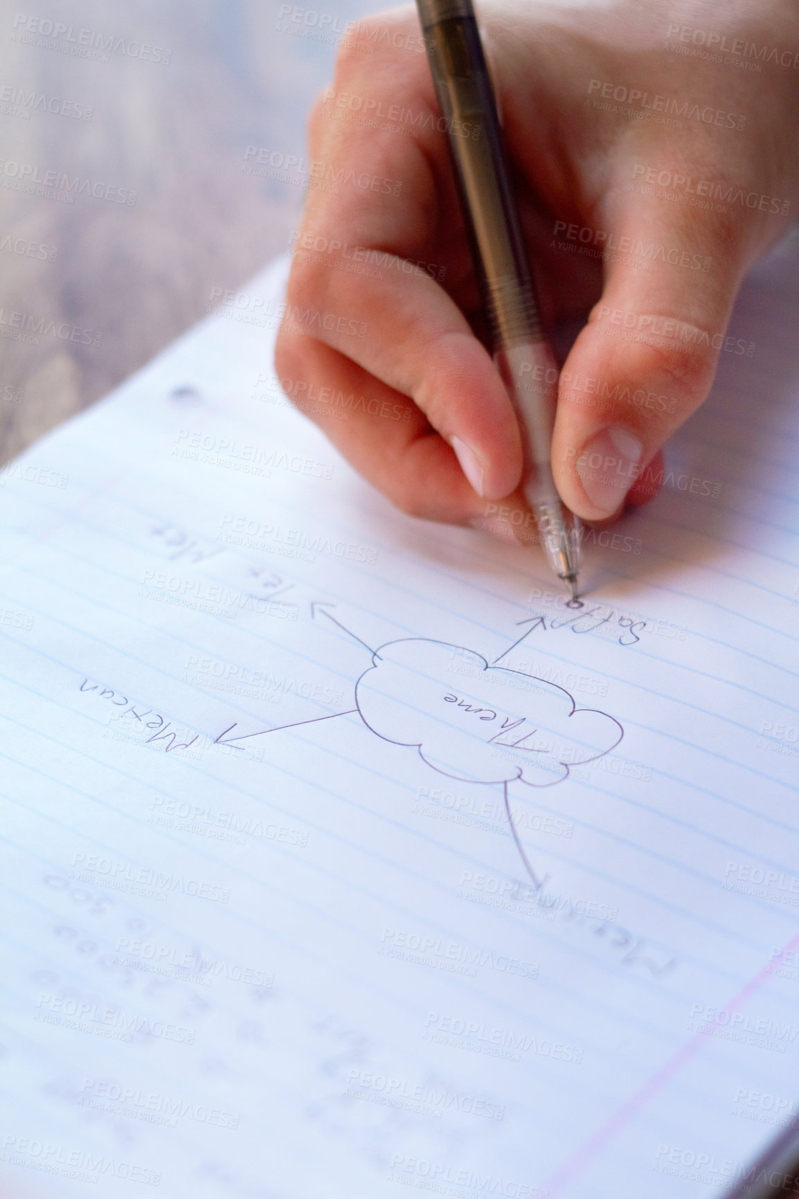 Buy stock photo Writing, mind map and hand of business man for strategy, idea planning and brainstorming. Research, administration and notebook with closeup of male employee for information, mission and list